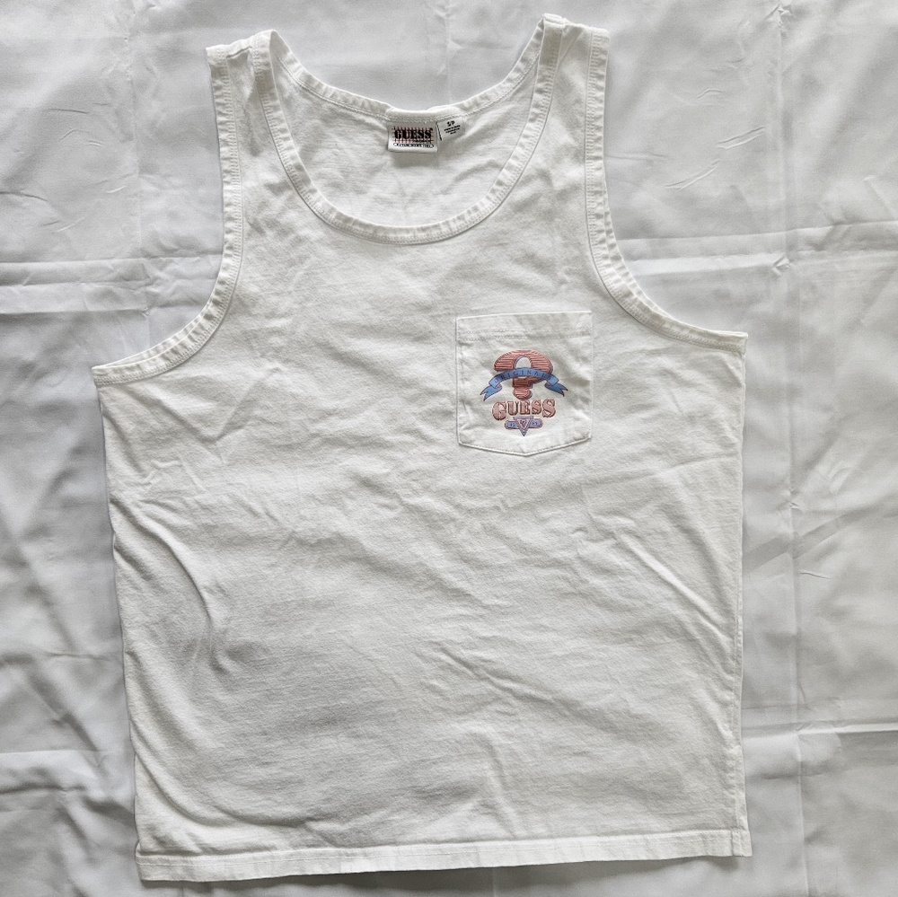Guess Mens S Unisex White Tank Top Shirt Front Pocket